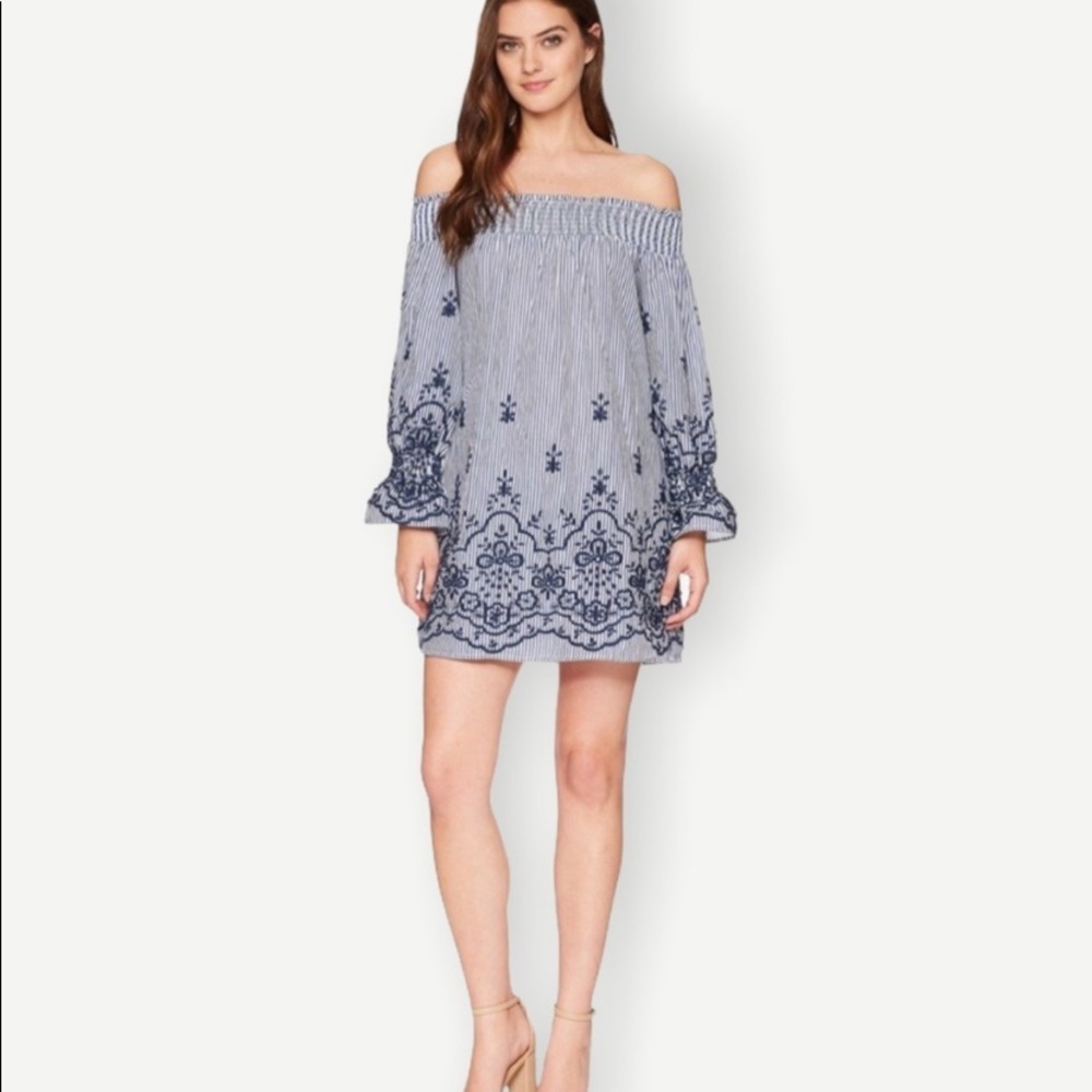 Bishop + Young Navy Bare Shoulder Embroidered Dress